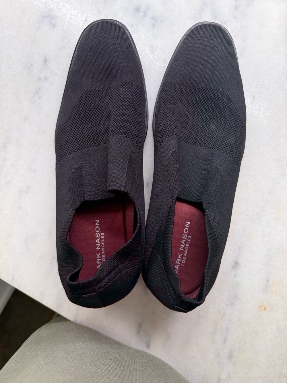 Mark Nason Black Knit Slip-On Sneakers with Burgundy Insole